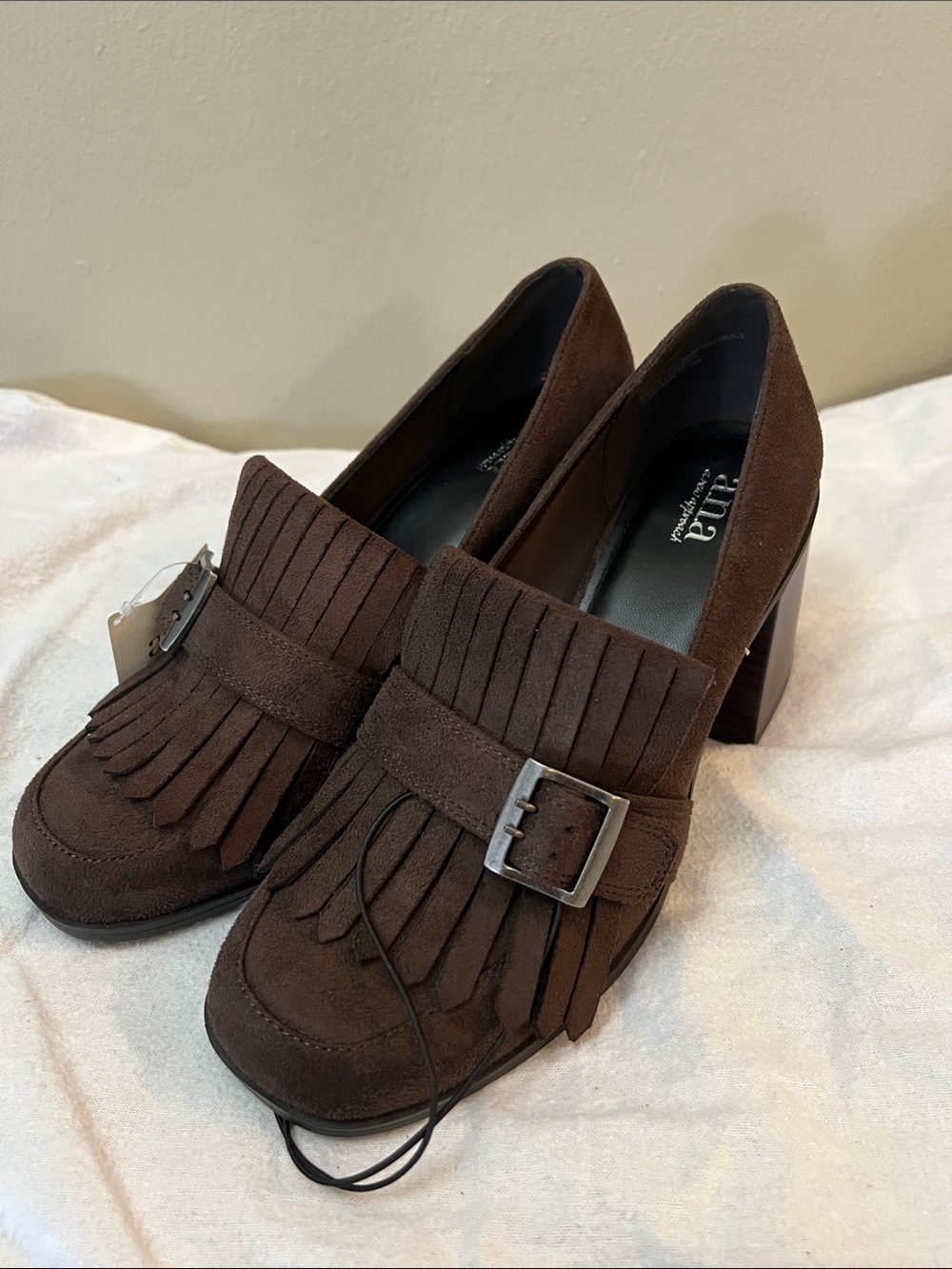 New a.n.a Dark Brown Suede Fringe Buckle Block Heel Loafers